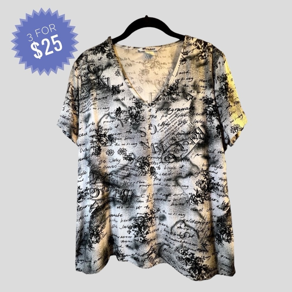 Sale Nygard Women's Blouse Size XL White Black V-neck Short Sleeves